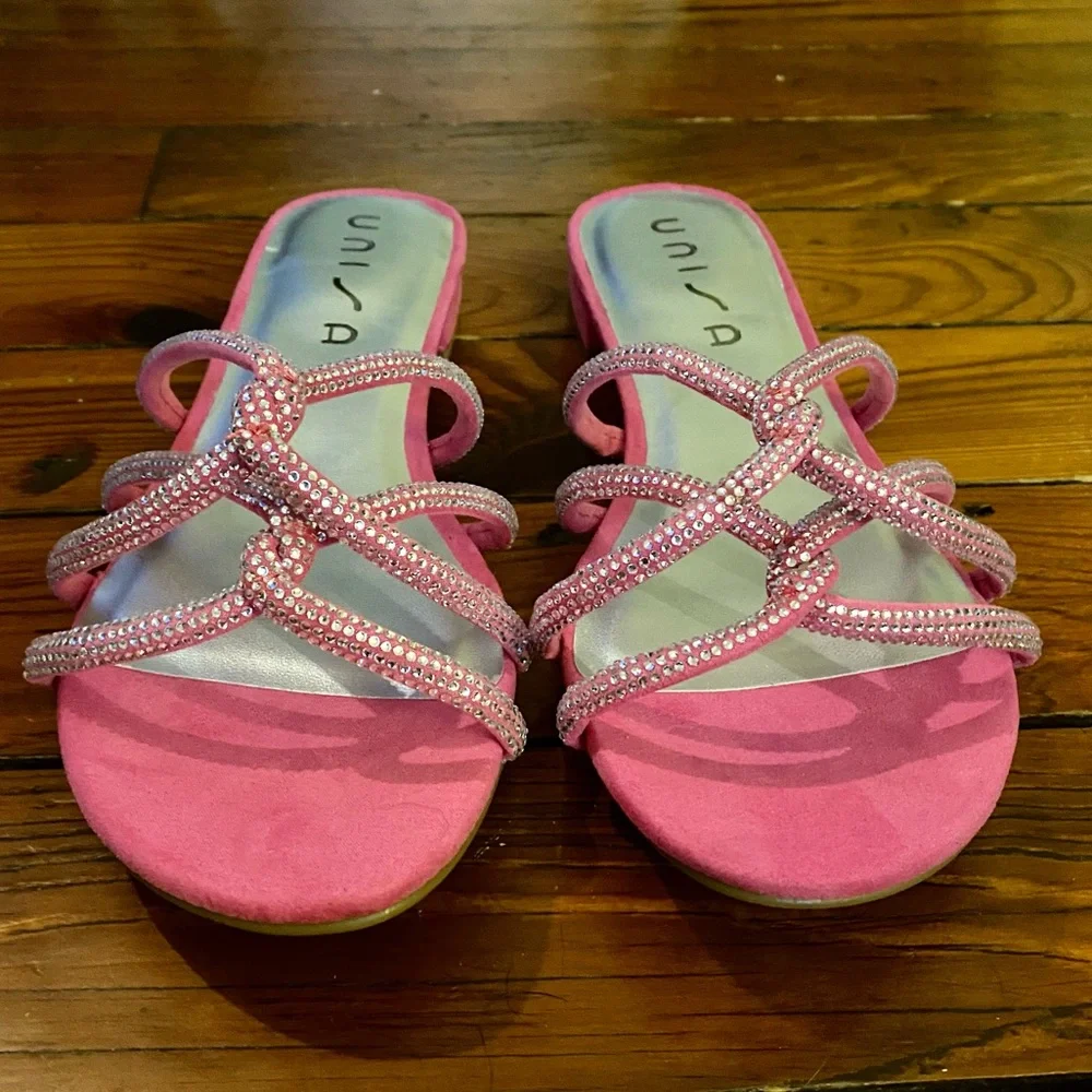 Unisa Tazz Slide Kitten Heels Strappy Sandals Pink & Silver Size 11 NWT